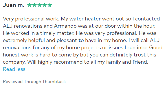 Screenshot of a Thumbtack review for ALJ Renovation made by Juan M