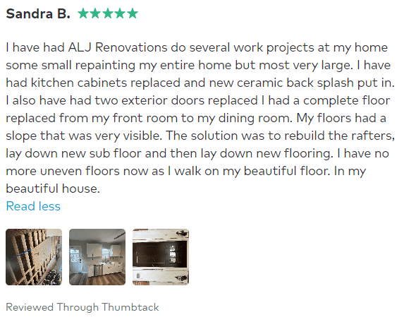 Screenshot of a Thumbtack review for ALJ Renovation made by Sandra B